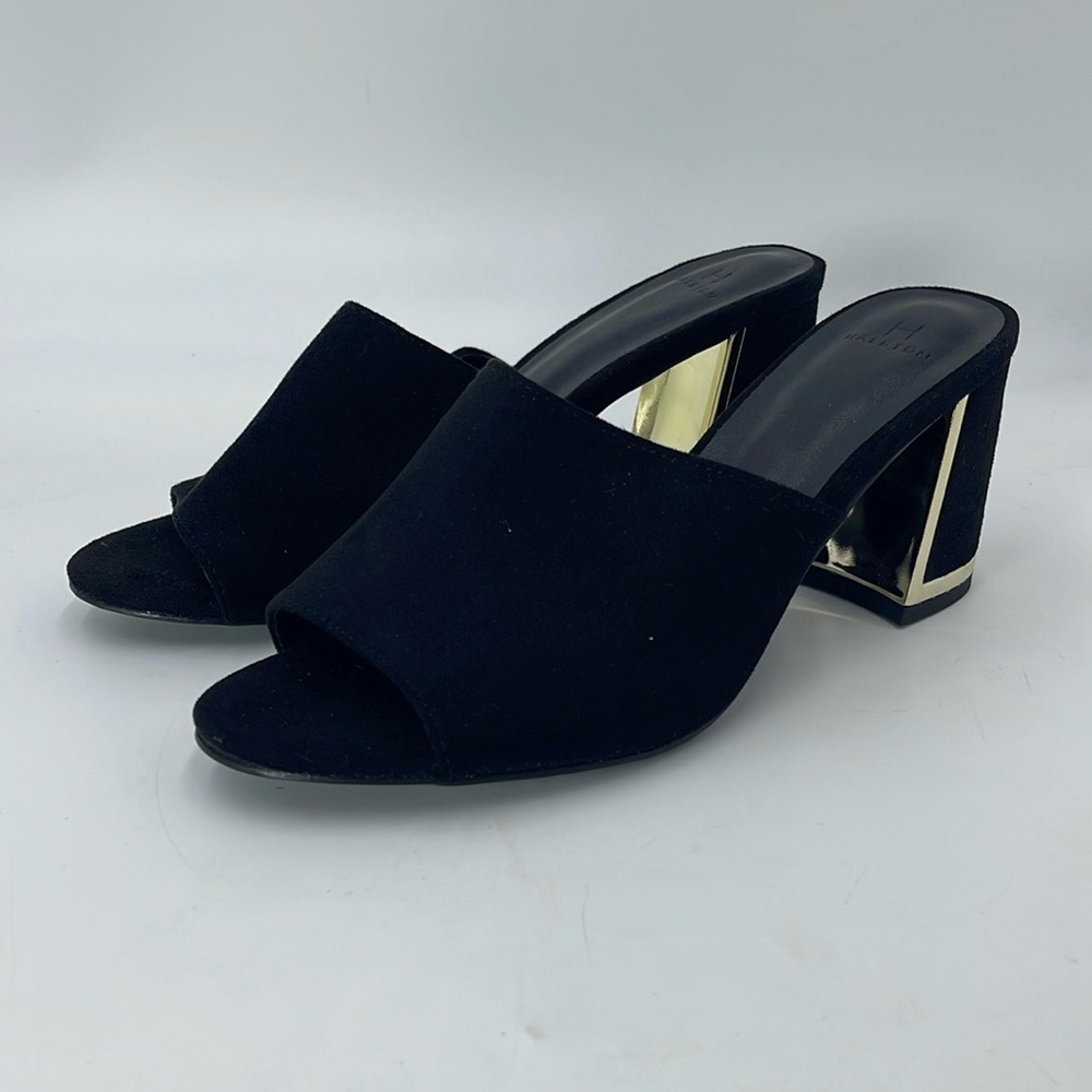 H Halston Womens Spain Block Heel Gold Tone Dress Black Sandals Glam  Size 8.5